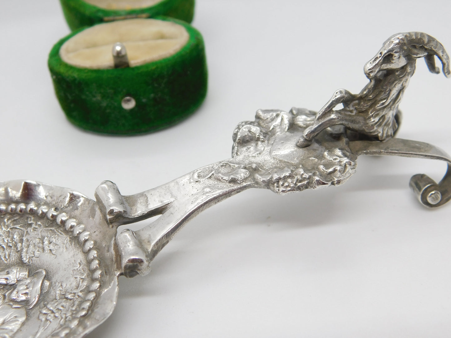 Victorian Sterling Silver Goat & Country Scene Tea Caddy Spoon 1901 Antique