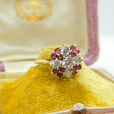 9ct Gold, Ruby & Diamond Paste Floral Cluster Ring Vintage 1987 London