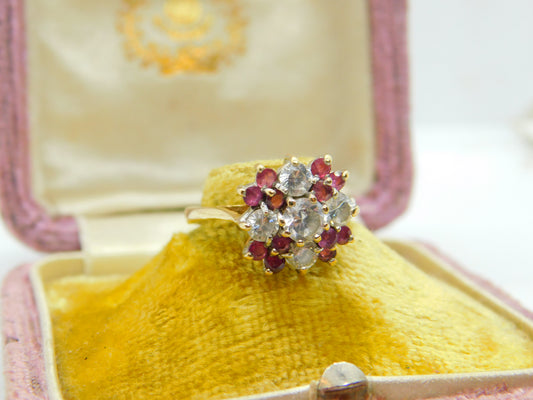 9ct Gold, Ruby & Diamond Paste Floral Cluster Ring Vintage 1987 London