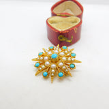 9ct Yellow Gold Starburst Brooch with Pearl & Turquoise 1968 London Vintage