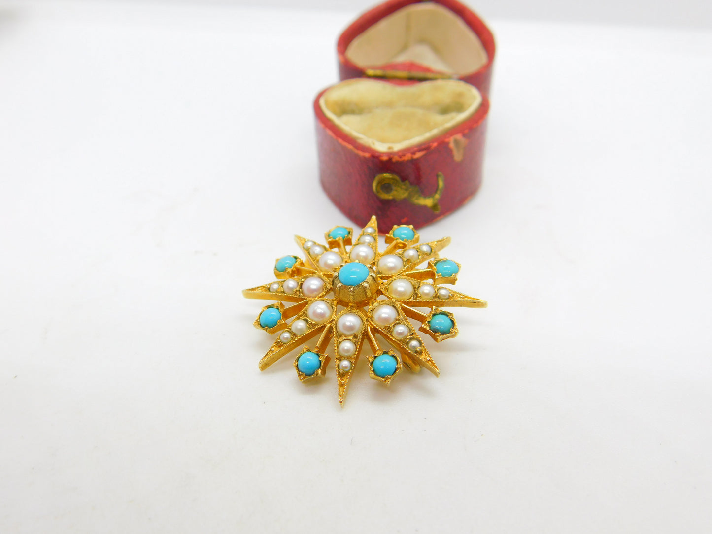 9ct Yellow Gold Starburst Brooch with Pearl & Turquoise 1968 London Vintage