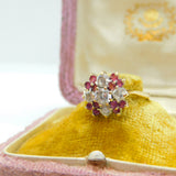 9ct Gold, Ruby & Diamond Paste Floral Cluster Ring Vintage 1987 London