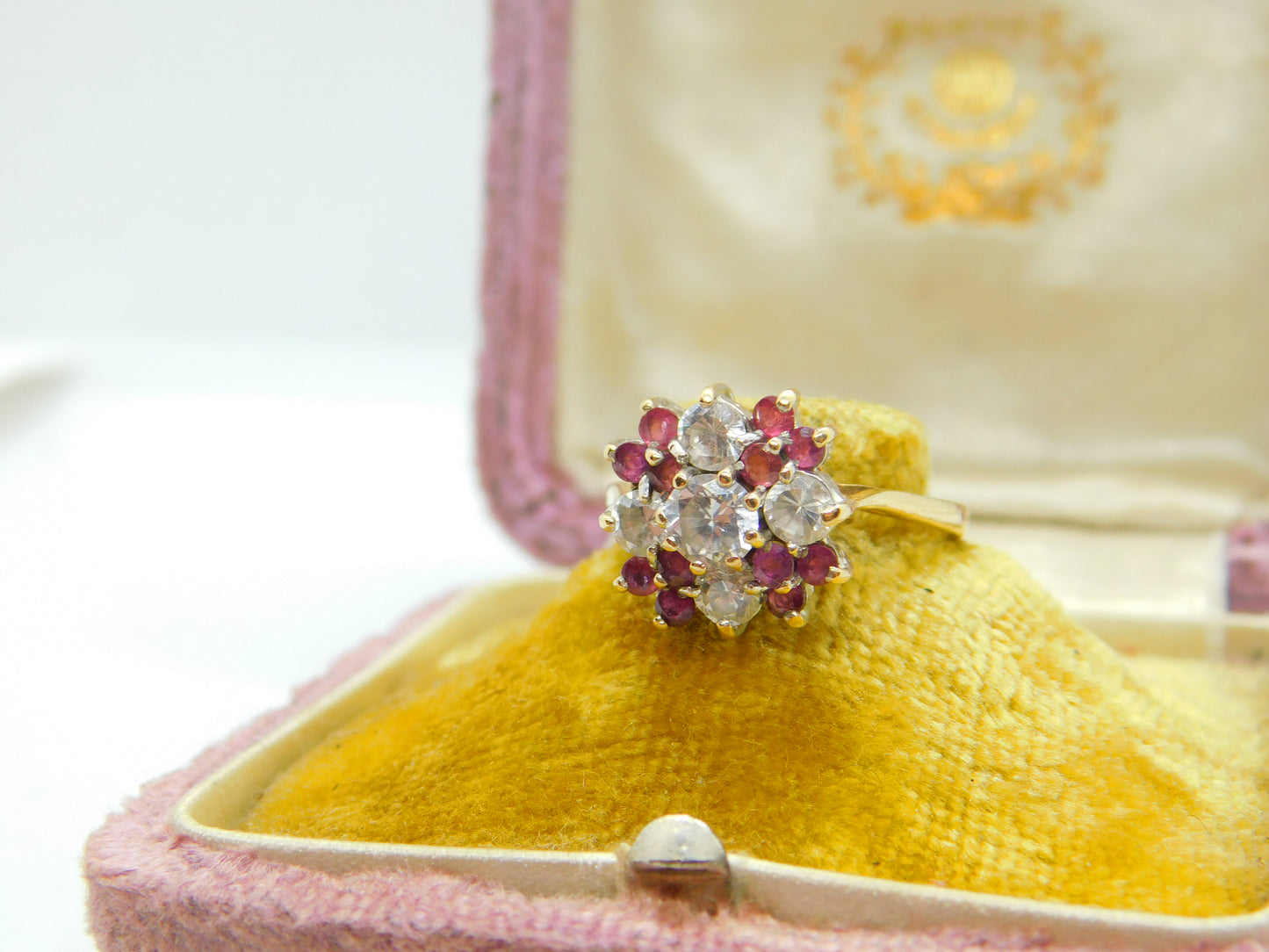 9ct Gold, Ruby & Diamond Paste Floral Cluster Ring Vintage 1987 London