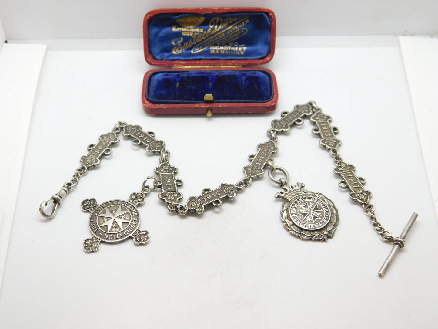 Sterling Silver St. John's Ambulance 'Joseph Jackson' Watch Chain Antique 1909-1917 Fobs & Dates