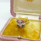 9ct Gold, Ruby & Diamond Paste Floral Cluster Ring Vintage 1987 London