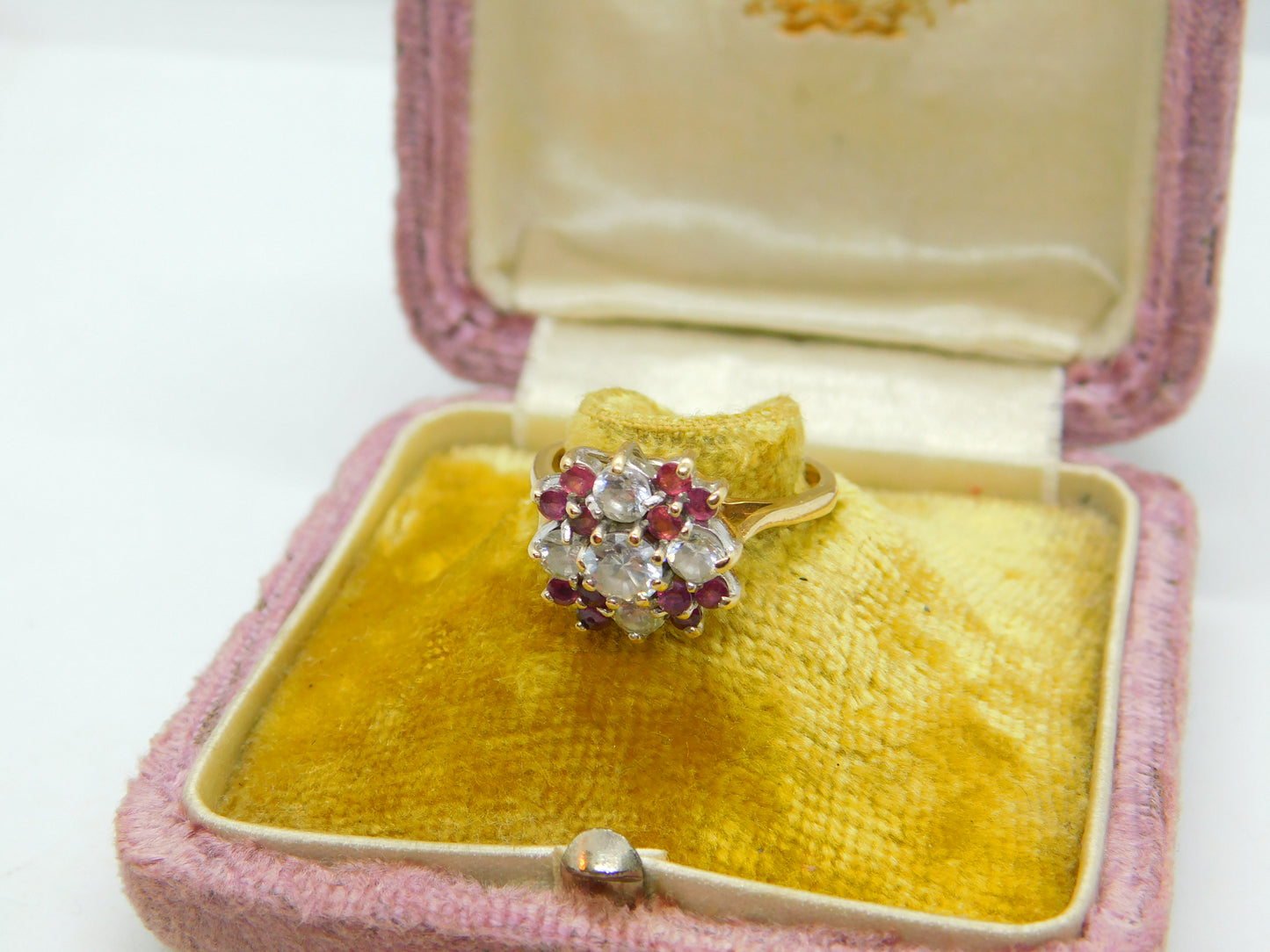 9ct Gold, Ruby & Diamond Paste Floral Cluster Ring Vintage 1987 London