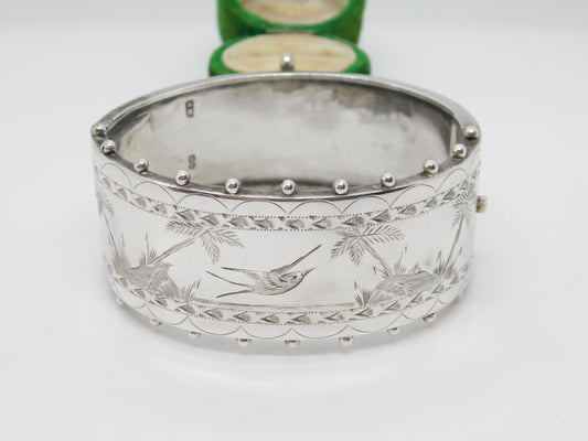 Victorian Sterling Silver Aesthetic Swallow Bangle Bracelet 1882 London Antique