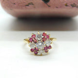 9ct Gold, Ruby & Diamond Paste Floral Cluster Ring Vintage 1987 London