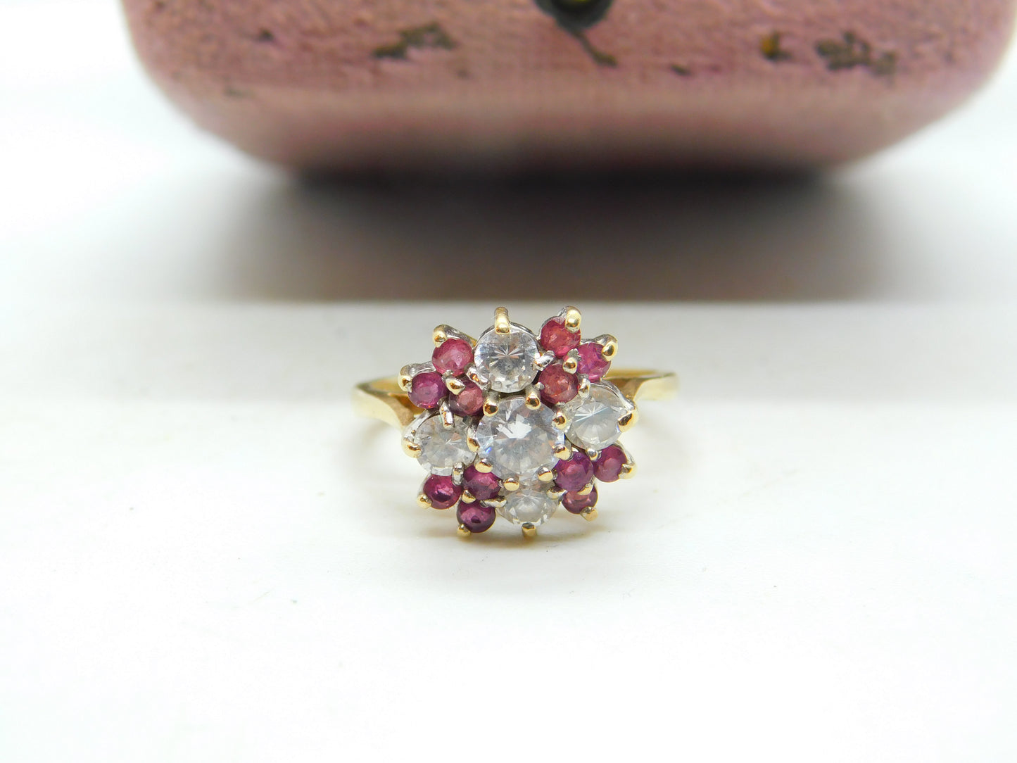 9ct Gold, Ruby & Diamond Paste Floral Cluster Ring Vintage 1987 London