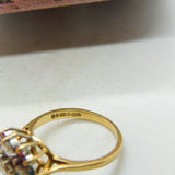 9ct Gold, Ruby & Diamond Paste Floral Cluster Ring Vintage 1987 London