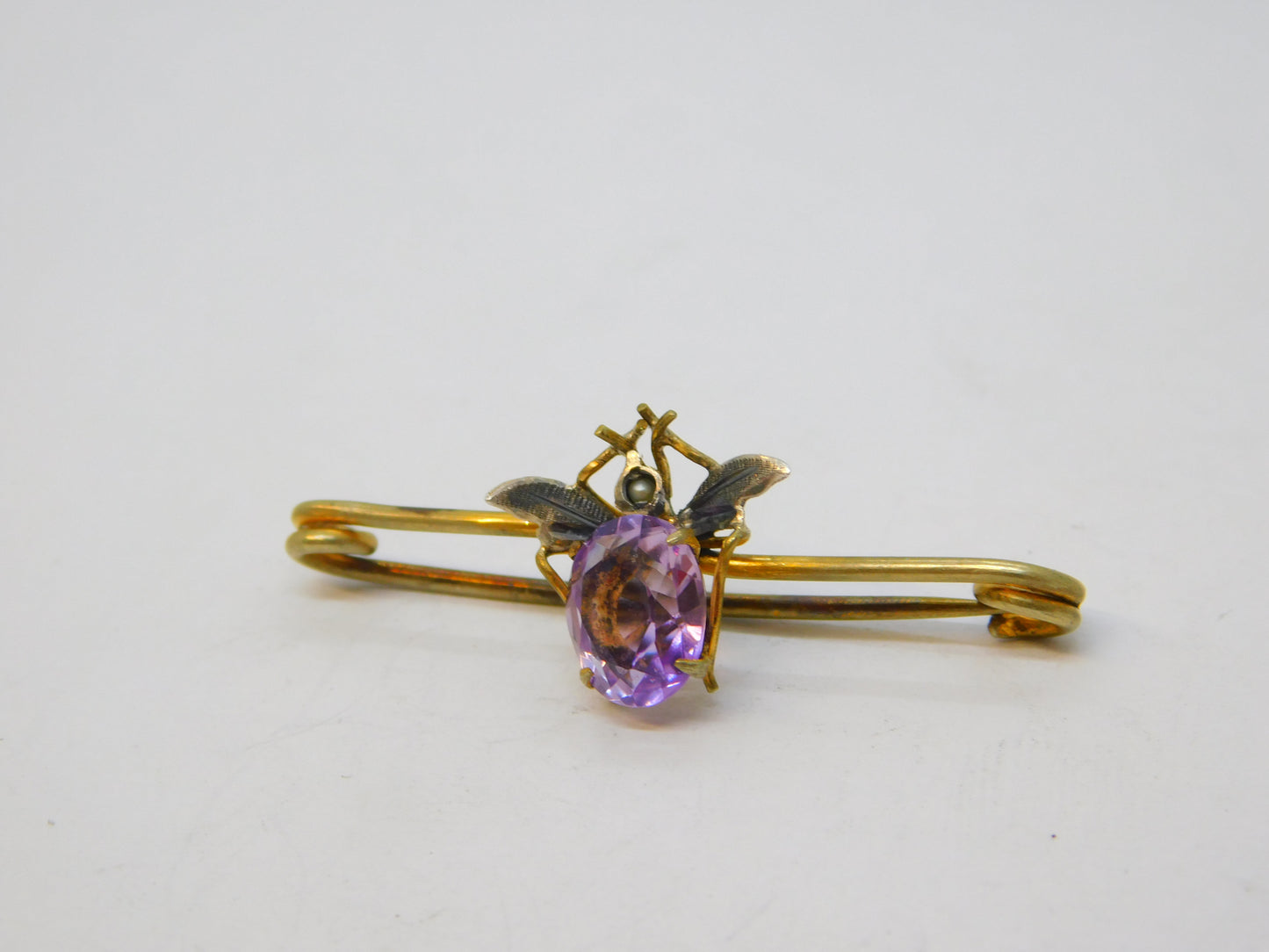 Edwardian Gold Plated Amethyst, Seed Pearl Insect Brooch Antique c1910
