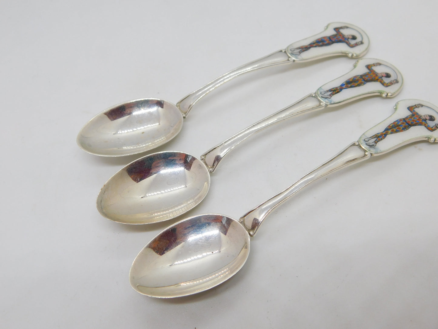 Sterling Silver Colourful Enamel Harlequins Souvenir Spoons Antique 1928 Deco