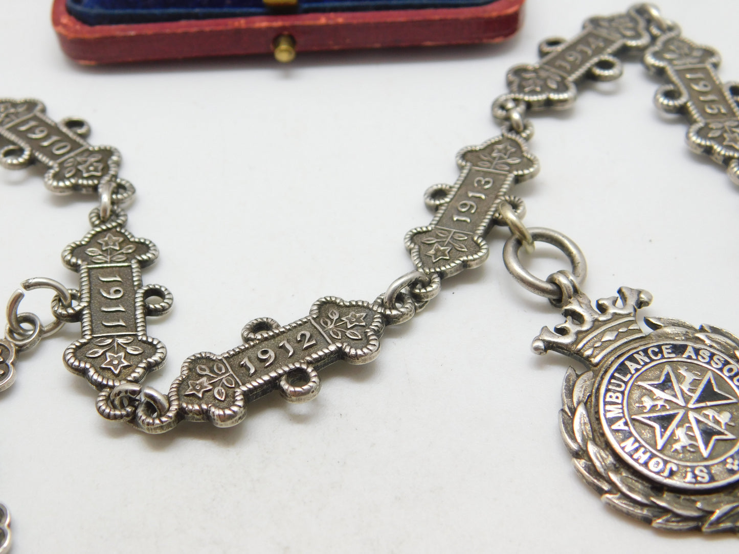 Sterling Silver St. John's Ambulance 'Joseph Jackson' Watch Chain Antique 1909-1917 Fobs & Dates