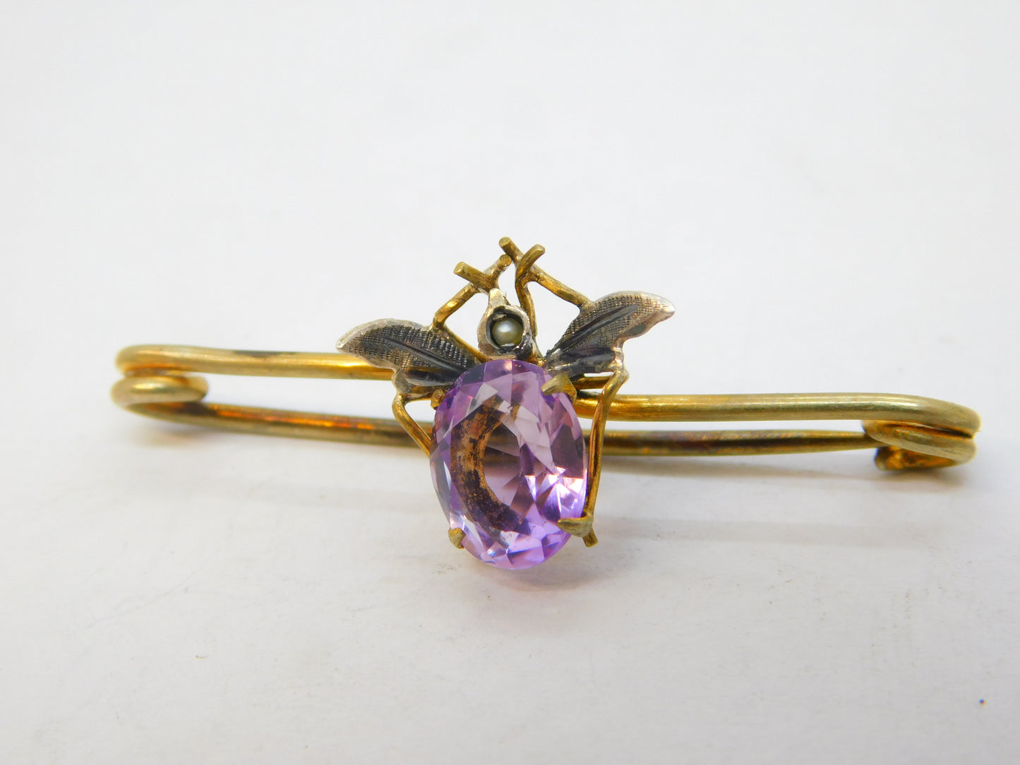 Edwardian Gold Plated Amethyst, Seed Pearl Insect Brooch Antique c1910