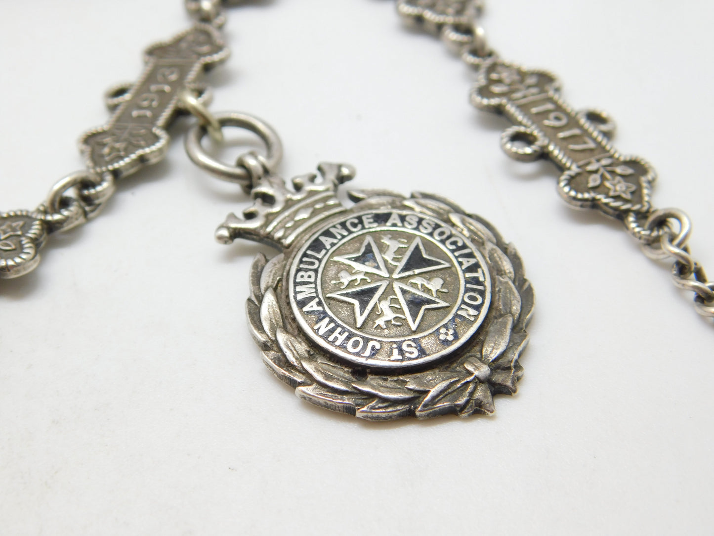 Sterling Silver St. John's Ambulance 'Joseph Jackson' Watch Chain Antique 1909-1917 Fobs & Dates