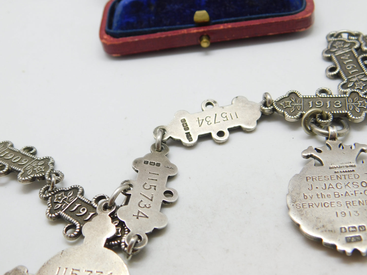 Sterling Silver St. John's Ambulance 'Joseph Jackson' Watch Chain Antique 1909-1917 Fobs & Dates