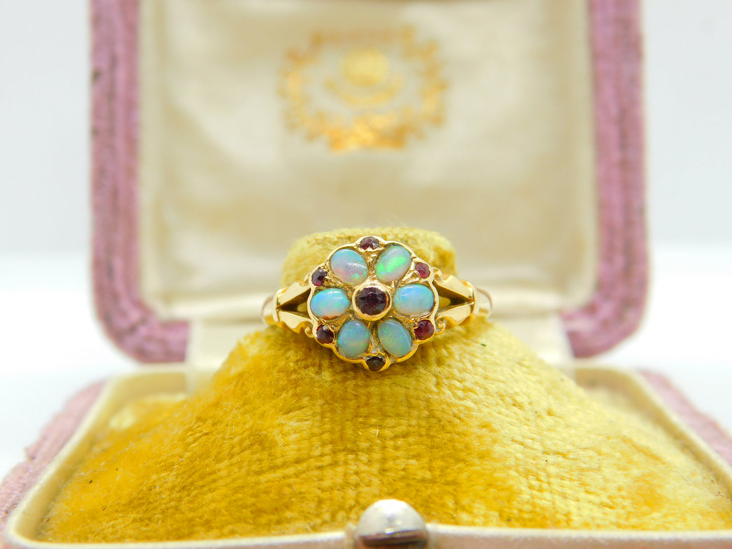 18ct Yellow Gold, Fire Opal & Ruby Floral Band Ring Antique 1912 Chester Deco