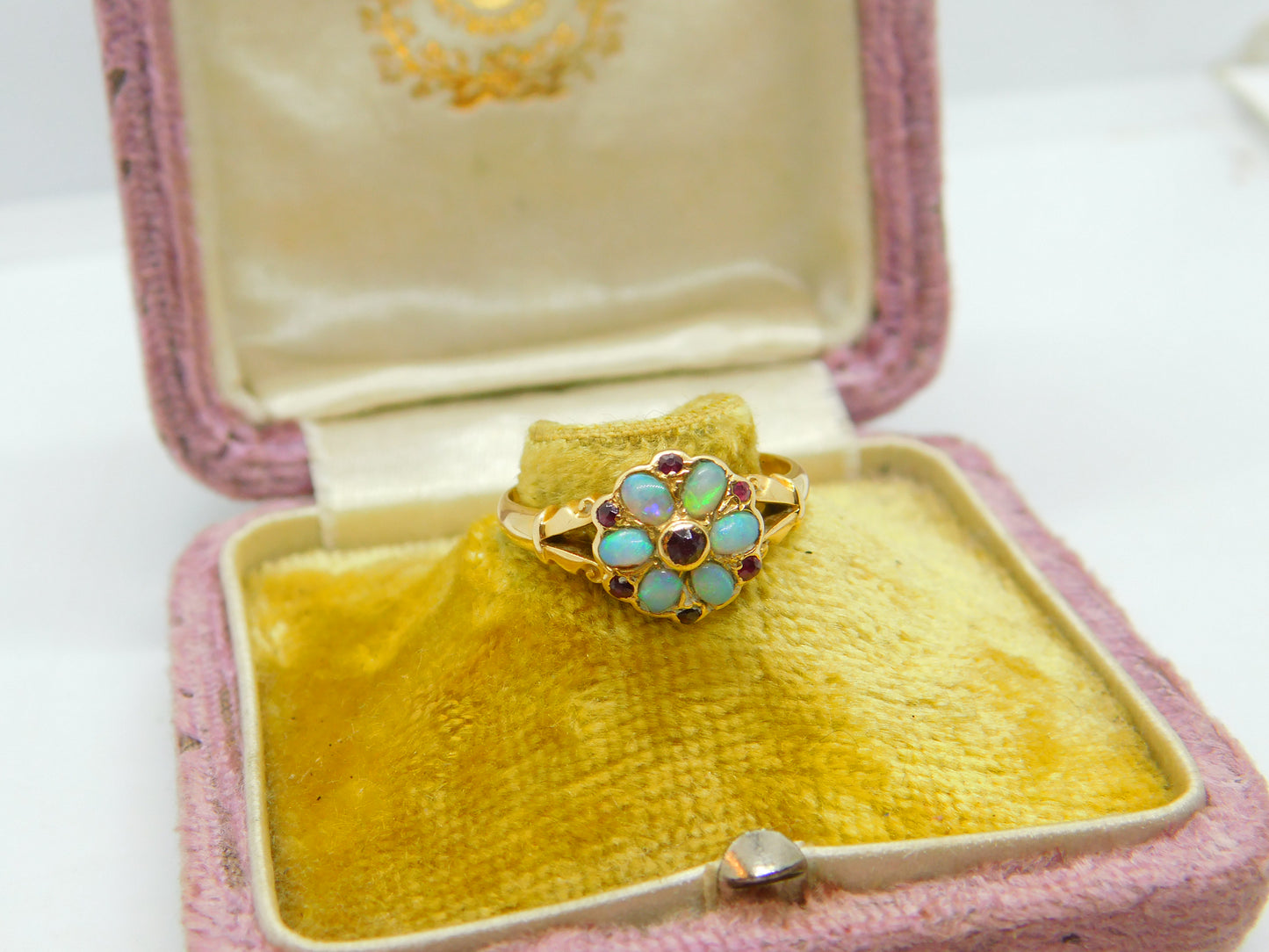 18ct Yellow Gold, Fire Opal & Ruby Floral Band Ring Antique 1912 Chester Deco