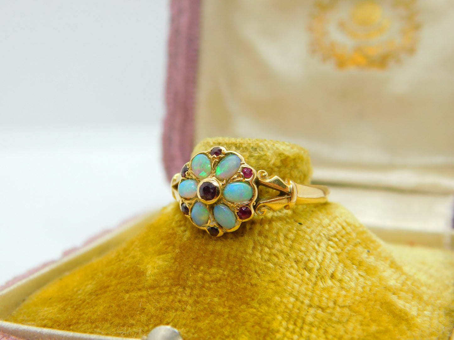 18ct Yellow Gold, Fire Opal & Ruby Floral Band Ring Antique 1912 Chester Deco