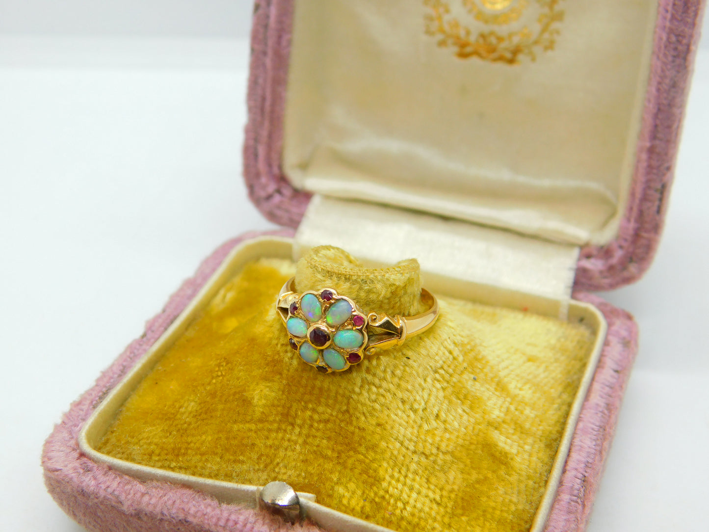 18ct Yellow Gold, Fire Opal & Ruby Floral Band Ring Antique 1912 Chester Deco