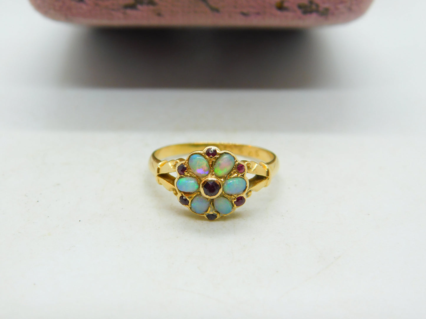 18ct Yellow Gold, Fire Opal & Ruby Floral Band Ring Antique 1912 Chester Deco