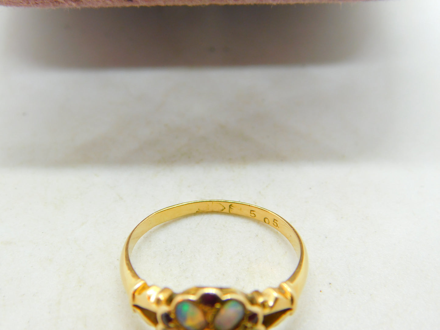 18ct Yellow Gold, Fire Opal & Ruby Floral Band Ring Antique 1912 Chester Deco