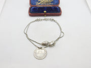 Edwardian Sterling Silver Acorn Forn Charm Bracelet with Sixpence 1902 Antique