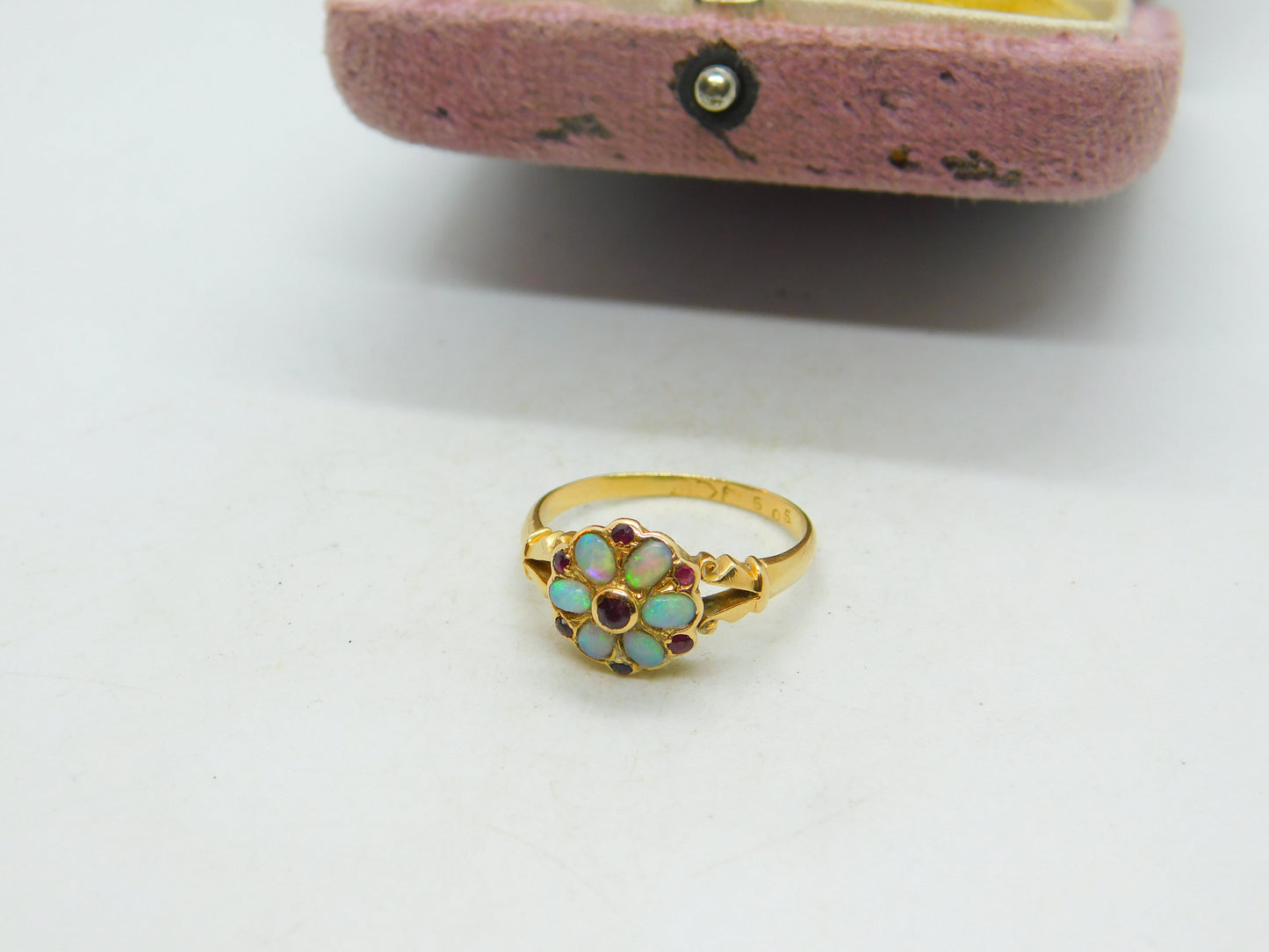 18ct Yellow Gold, Fire Opal & Ruby Floral Band Ring Antique 1912 Chester Deco