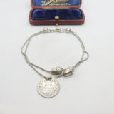 Edwardian Sterling Silver Acorn Forn Charm Bracelet with Sixpence 1902 Antique