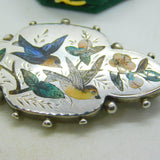 Victorian Sterling Silver & Enamel Swallow Sweetheart Brooch Antique c1890