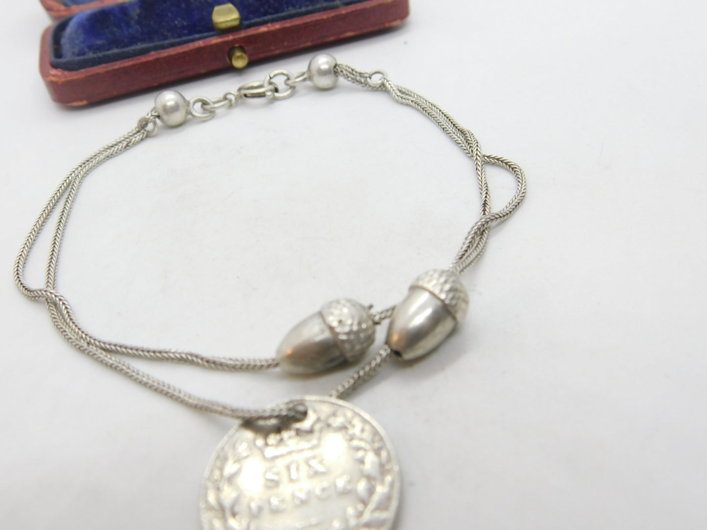 Edwardian Sterling Silver Acorn Forn Charm Bracelet with Sixpence 1902 Antique