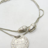 Edwardian Sterling Silver Acorn Forn Charm Bracelet with Sixpence 1902 Antique