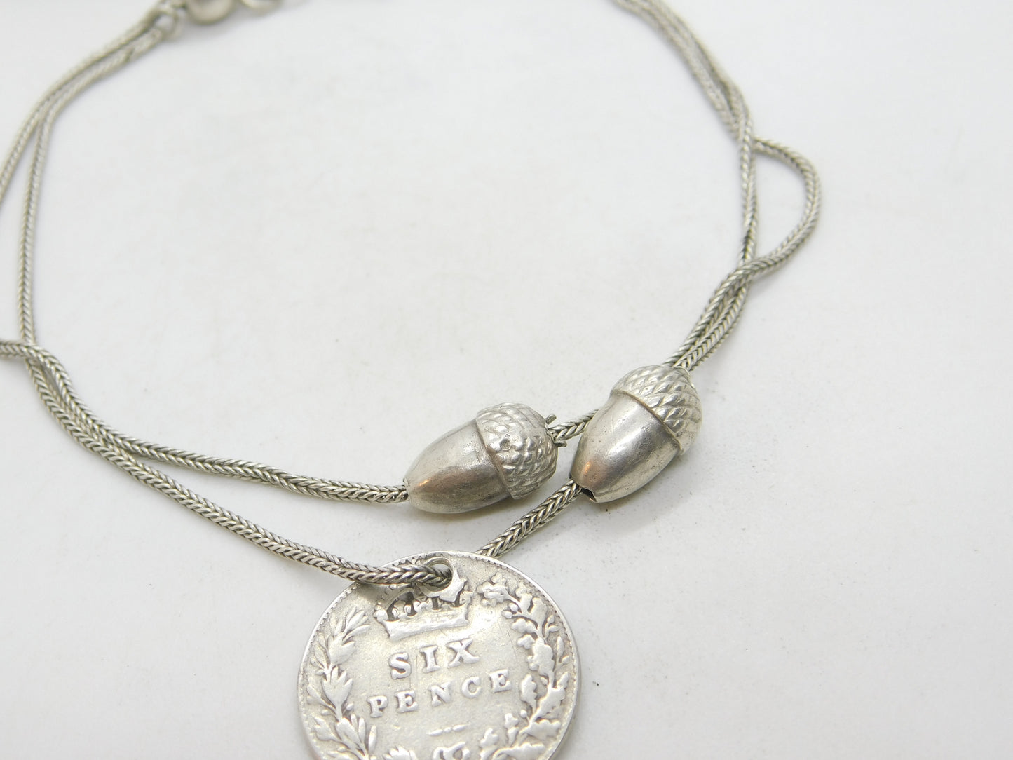 Edwardian Sterling Silver Acorn Forn Charm Bracelet with Sixpence 1902 Antique