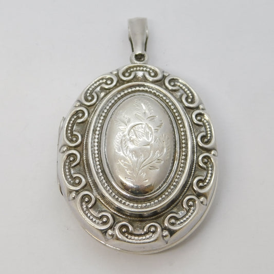 Victorian Style Sterling Silver Floral Sweetheart Locket Pendant Vintage