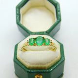 9ct Yellow Gold & Three-Stone Emerald Dress Ring Vintage c1990 Birmingham