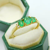 9ct Yellow Gold & Three-Stone Emerald Dress Ring Vintage c1990 Birmingham