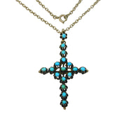 19th Century Austro-Hungarian Sterling Silver Turquoise Cross Pendant Necklace Antique