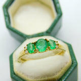 9ct Yellow Gold & Three-Stone Emerald Dress Ring Vintage c1990 Birmingham