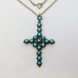 19th Century Austro-Hungarian Sterling Silver Turquoise Cross Pendant Necklace Antique