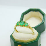 9ct Yellow Gold & Three-Stone Emerald Dress Ring Vintage c1990 Birmingham