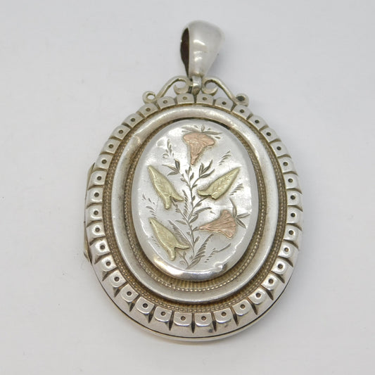 Victorian Sterling Silver & Gold Aesthetic Floral Sweetheart Locket Antique 1880
