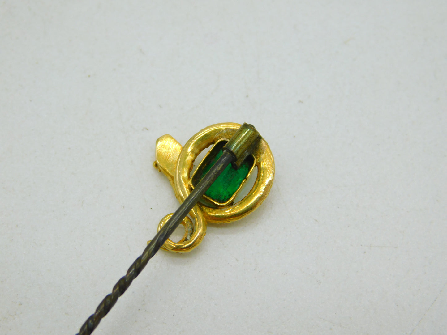 Victorian Boxed 18ct Yellow Gold & 0.5ct Emerald Snake Stick Pin Antique c1860