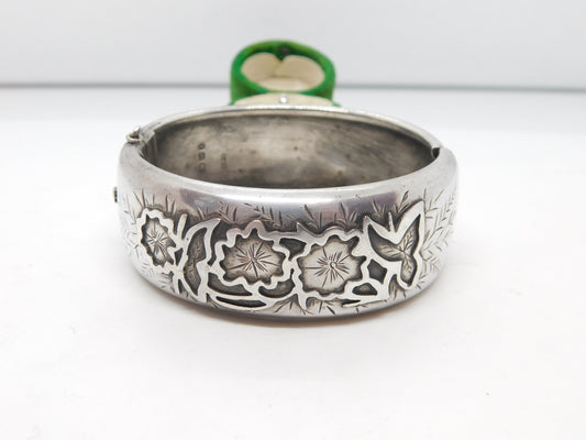 Victorian Aesthetic Sterling Silver Floral Cuff Bangle Antique 1884 Birmingham