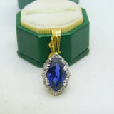 18ct Yellow Gold, Marquise Cut Sapphire & Diamond Drop Pendant Vintage c1970