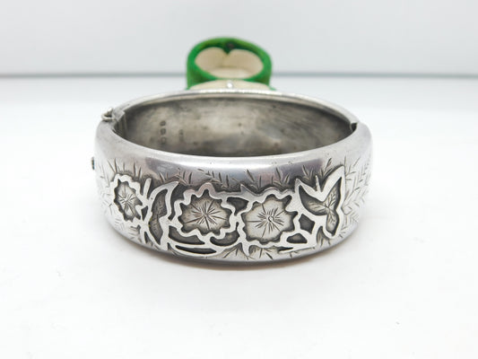 Victorian Aesthetic Sterling Silver Floral Cuff Bangle Antique 1884 Birmingham