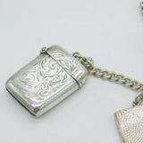 Victorian Sterling Silver Albert Watch Chain, Vesta Case & Stamp Fob Antique