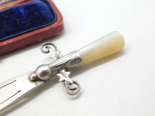 Edwardian Sterling Silver & Mother of Pearl Sword Bookmark Antique c1910