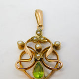 Edwardian 9ct Gold, Peridot, Seed Pearl Lavalier Drop Pendant Antique c1910