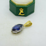 18ct Yellow Gold, Marquise Cut Sapphire & Diamond Drop Pendant Vintage c1970