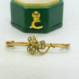 Edwardian 9ct Yellow Gold & Seed Pearl Shamrock Brooch Antique 1908 Birmingham